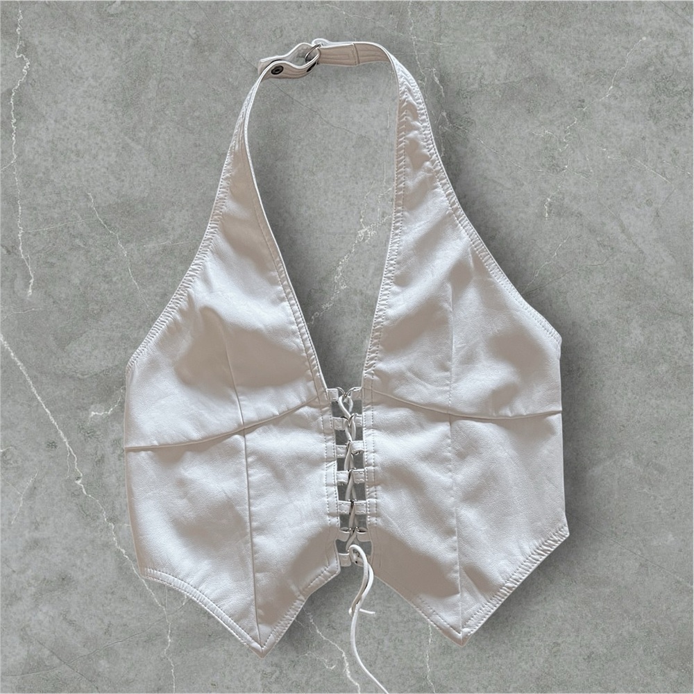 I.AM.GIA Vixra white faux leather corset top backless halter top size M - Picture 3 of 13